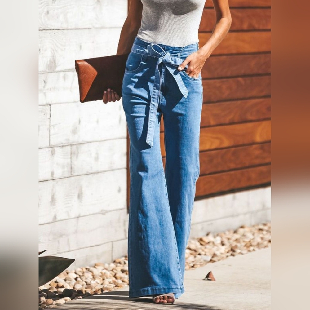 Belted Bow High-Rise Retro 70s Flare Leg Pants Slim Fit Patch Pocket Denim Jeans